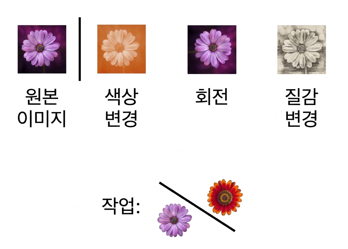 Image of a flower transformed in three ways: using rotation, color shift, and texture change.