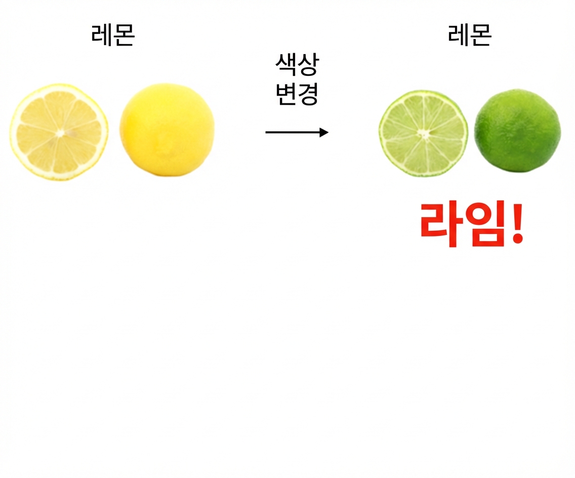 노란 레몬과 초록 라임은 모양이 같고 색만 다름.