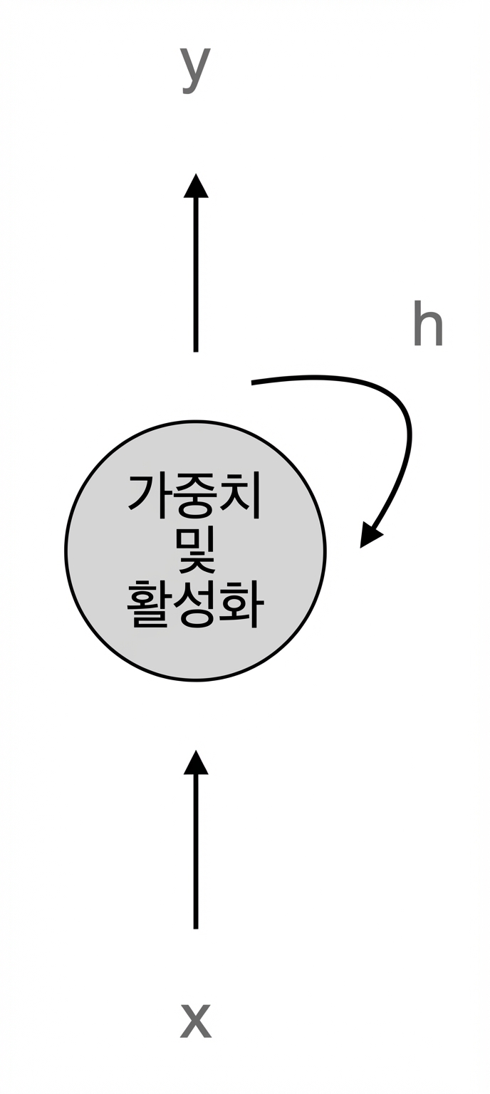 일반 RNN 뉴런 구조도: 가중치와 활성화 함수를 적용하는 뉴런이 입력 x를 받아 출력 y와 h를 생성하며, h는 다시 자신에게 피드백됩니다.