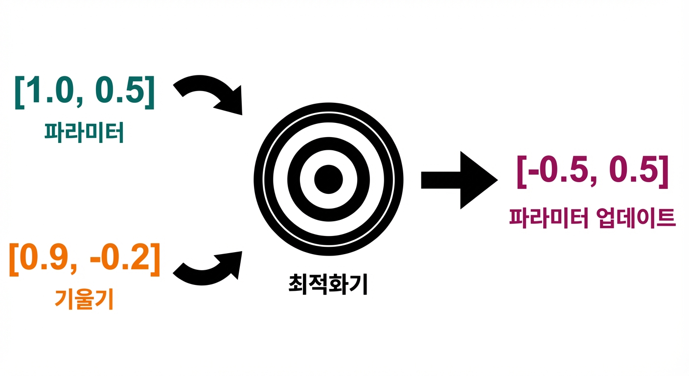 옵티마이저에서 두 파라미터 업데이트(-0.5, 0.5) 벡터로 향하는 화살표