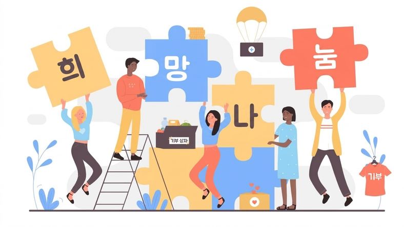 퍼즐 조각으로 글자를 맞춰 단어를 만드는 사람들을 그린 만화 이미지.