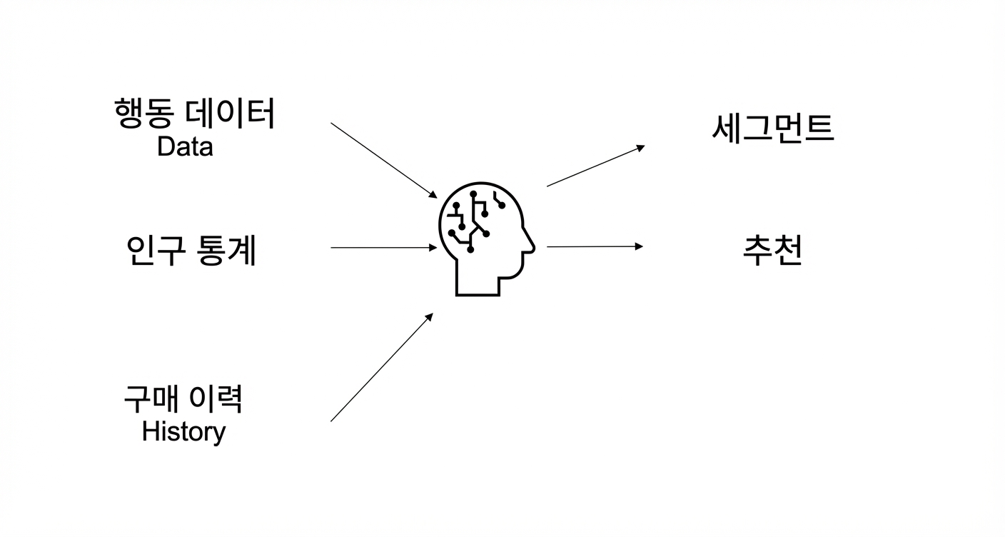 행동 데이터, 인구통계, 구매 이력 데이터를 AI에 활용하여 추천 생성.