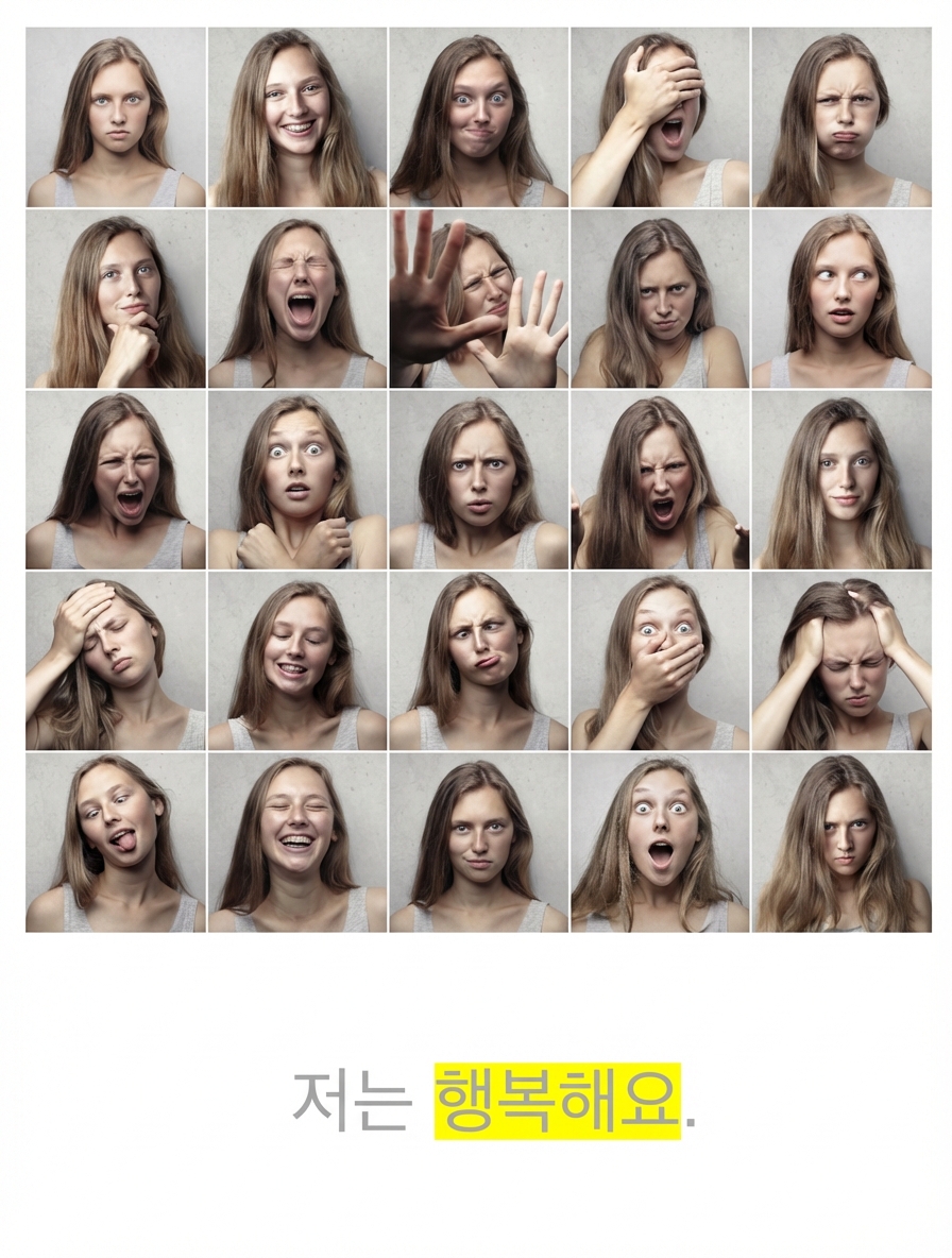 다양한 감정 표현과 "나는 행복하다"라는 문장에서 "행복"이 강조된 모습.