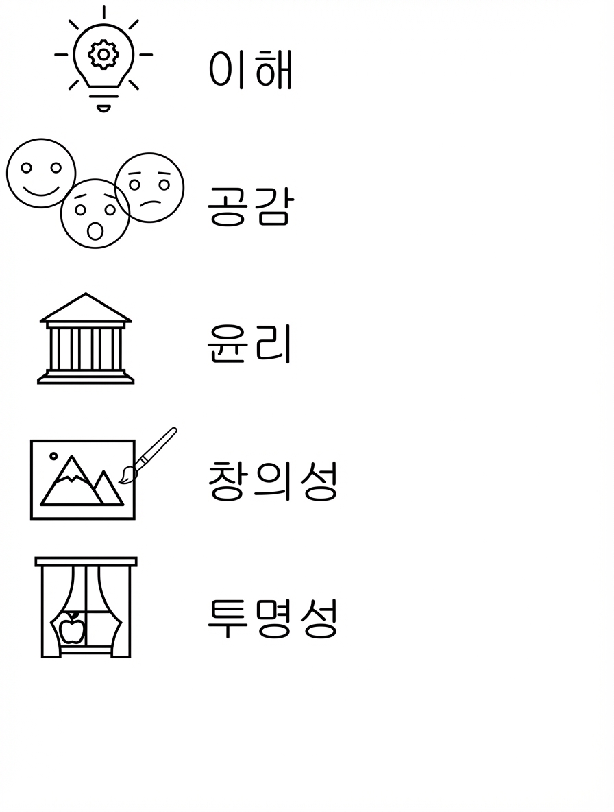 이해력. 공감. 윤리. 창의성. 투명성.