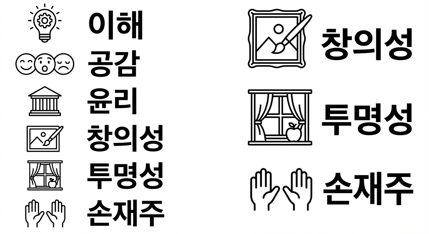 이해력. 공감. 윤리. 창의성. 투명성. 손재주.