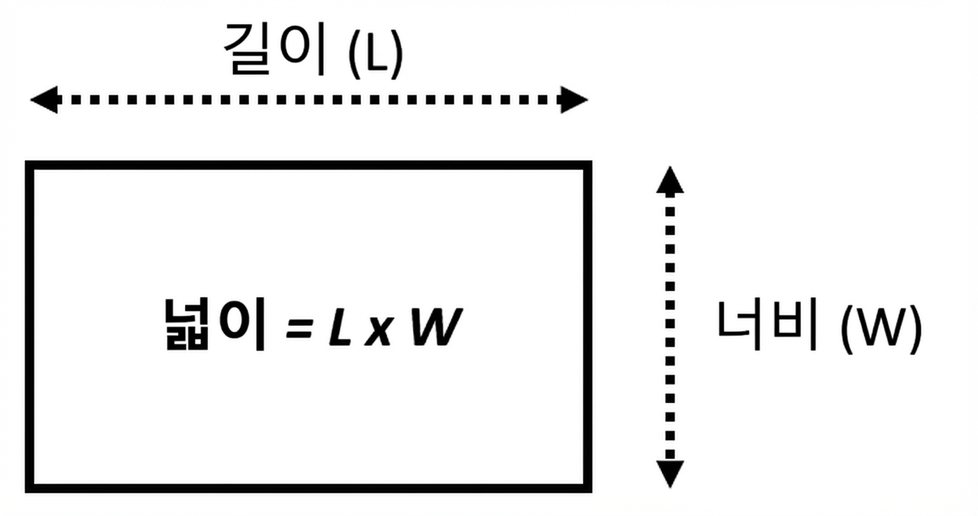 직사각형과 가로 및 세로를 이용한 넓이 계산 공식을 보여주는 이미지. Area = length\*width.