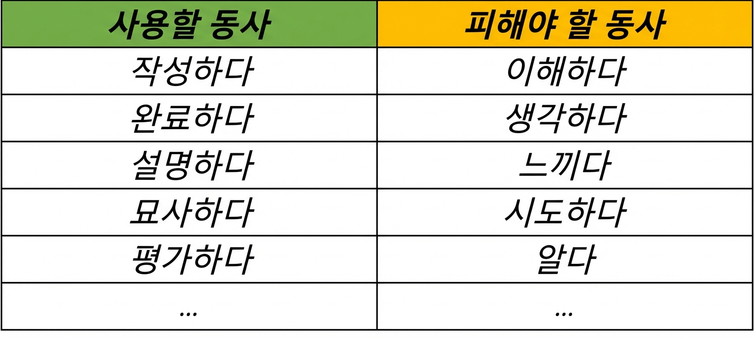 사용할 동사(쓰기, 완성하기, 설명하기, 묘사하기, 평가하기)와 피해야 할 동사(이해하다, 생각하다, 느끼다, 시도하다, 알다) 표.