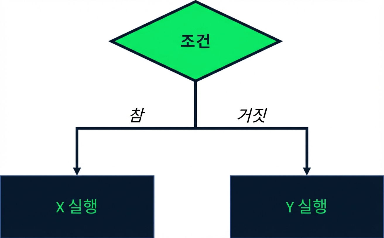 조건 테스트를 나타내는 다이어그램. 조건이 참이면 X를 수행하고, 거짓이면 Y를 수행함.