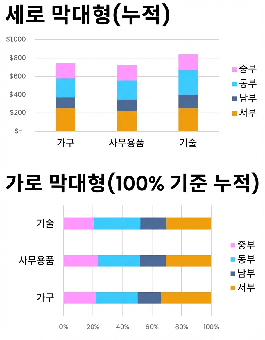 누적 및 100% 누적 가로막대/세로막대 차트 예시