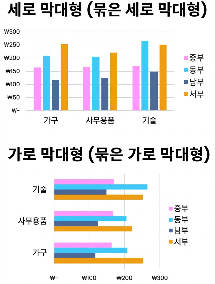 군집형 가로막대/세로막대 차트 예시