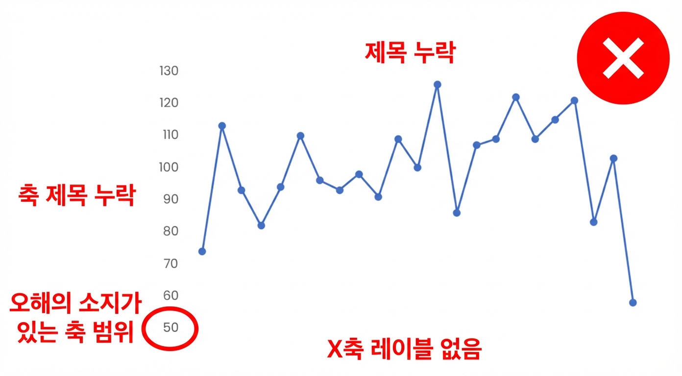 축 이름, 범례, 데이터 레이블, 명확한 제목이 없는 차트 예시