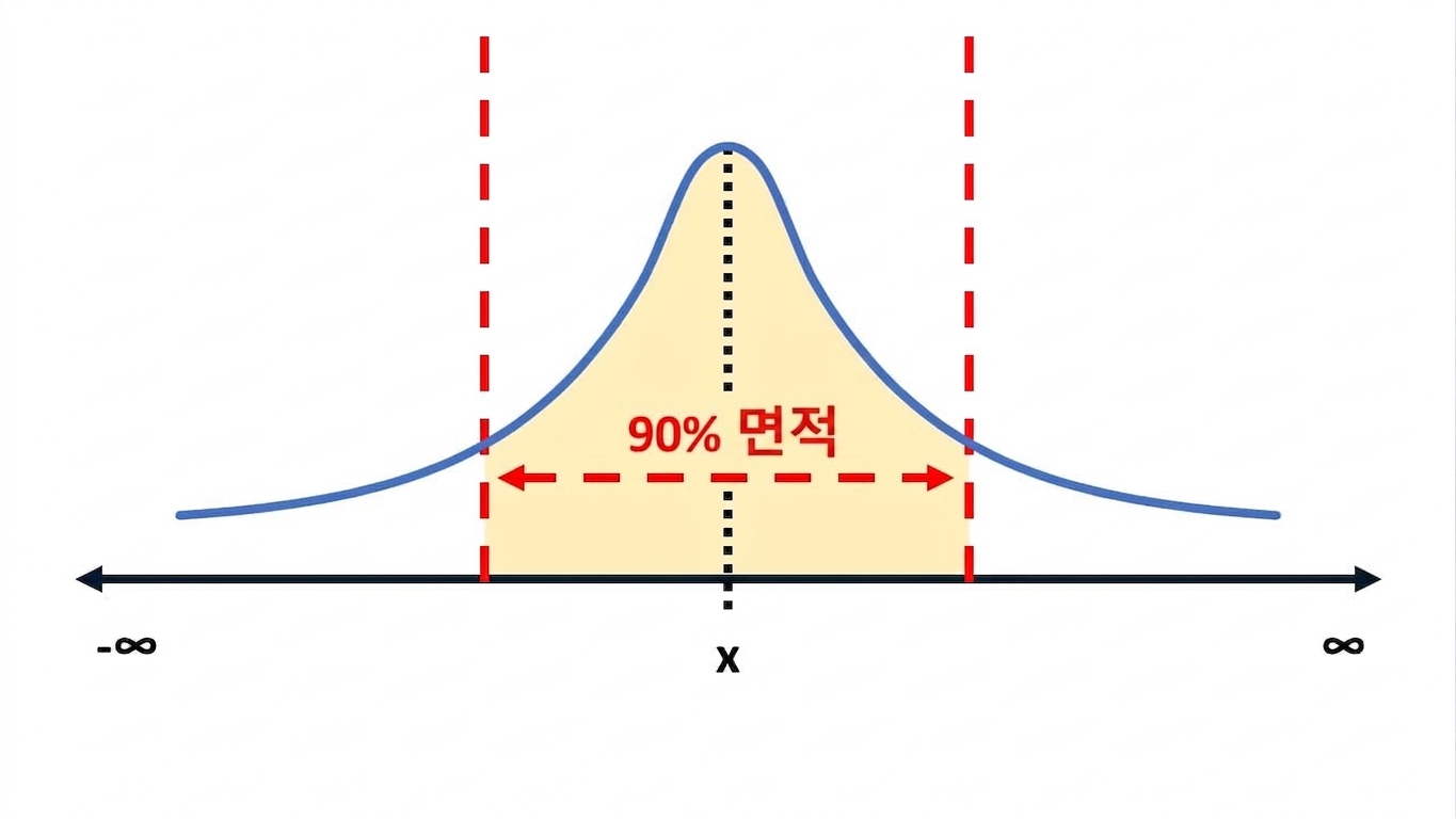 전체 영역 중 90%가 강조된 분포 곡선