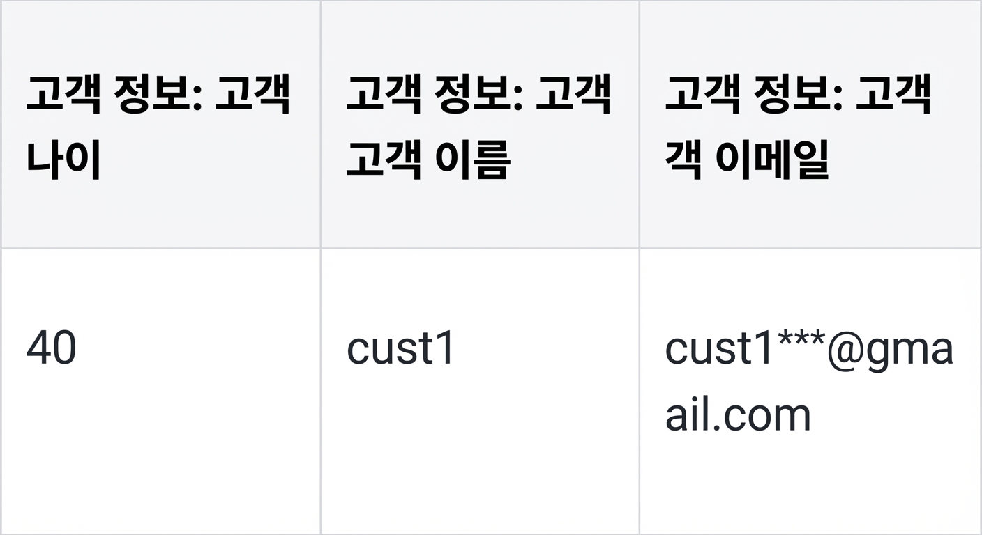 쿼리 결과: 고객 나이, 이름, 이메일이 별도 열로 표시