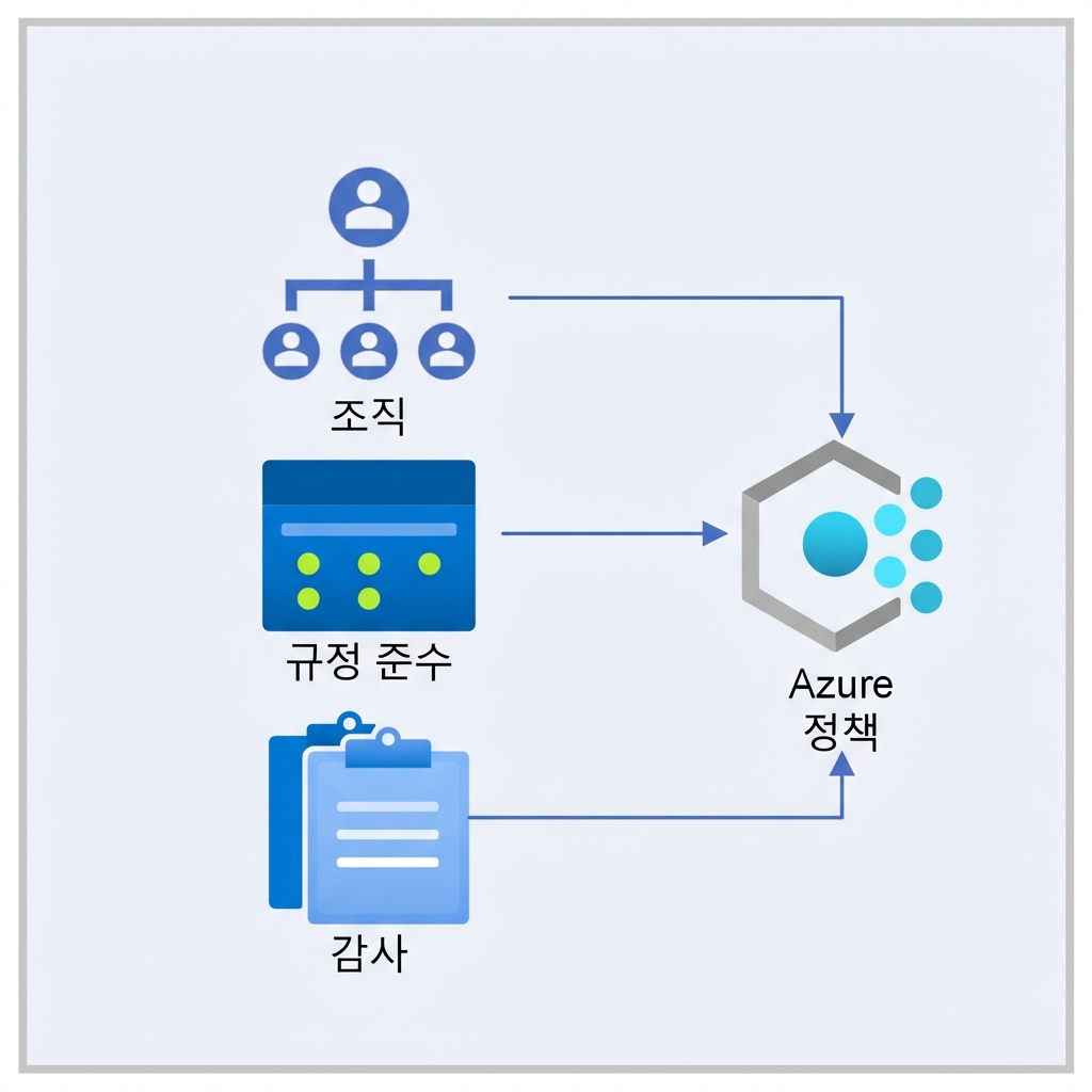 조직, 컴플라이언스, 감사 아이콘이 Azure Policy 아이콘을 가리키는 컬러 사각형