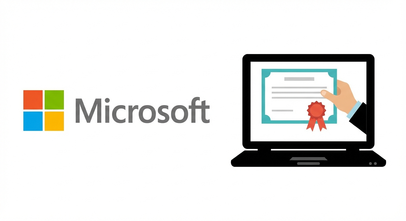 인증서를 들고 있는 노트북과 Microsoft 로고