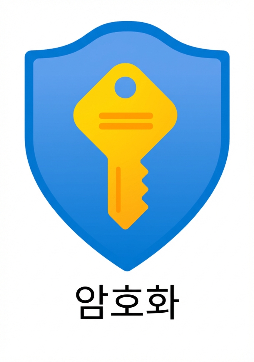 열쇠가 있는 방패 그림, 하단에 encryption 표기