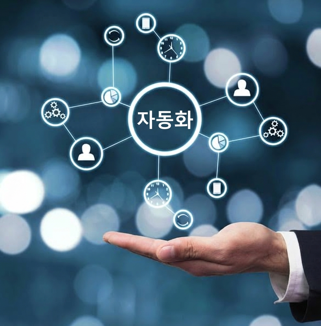 자동화를 나타내는 가상 아이콘이 떠 있는 펼친 손