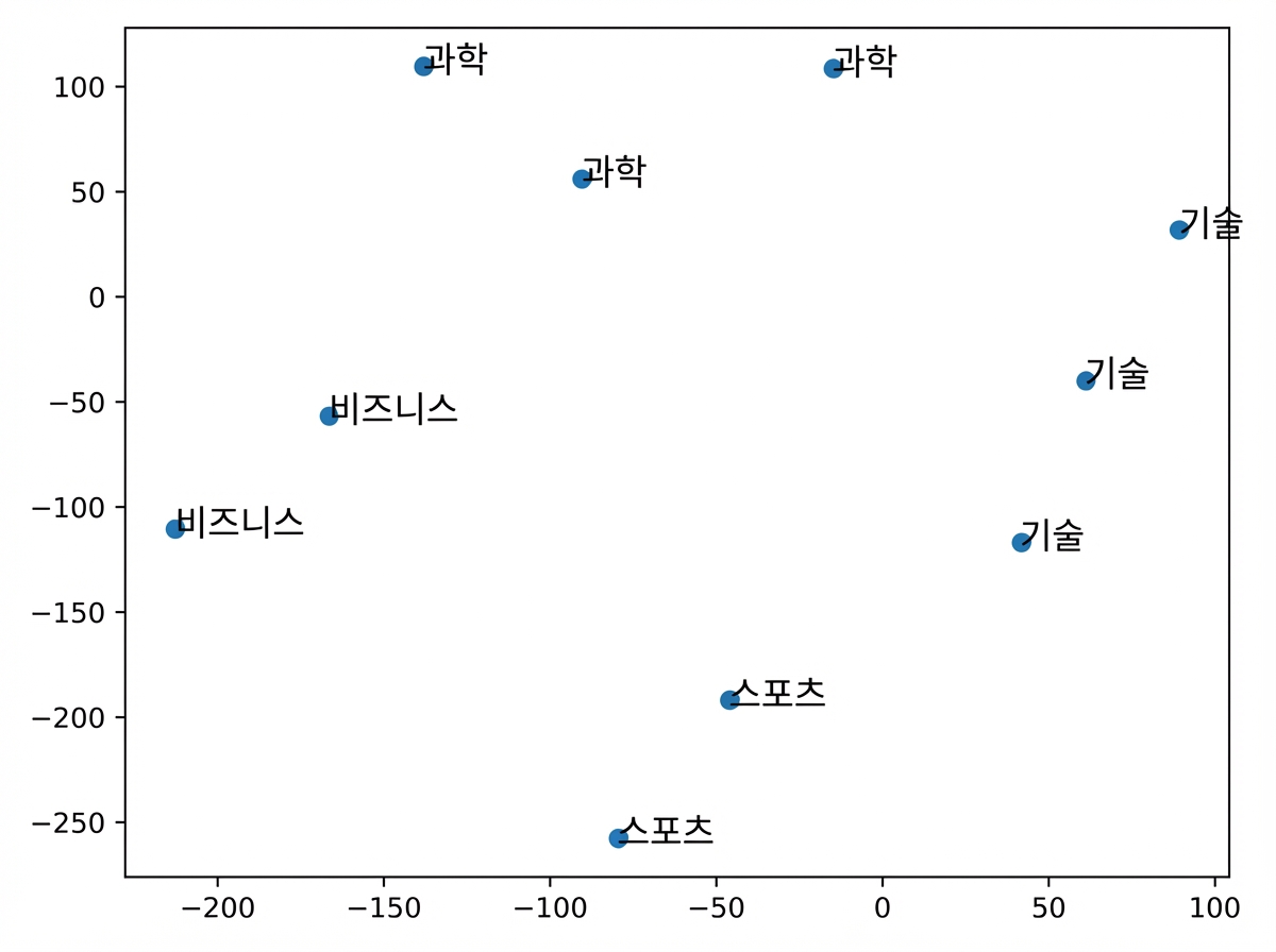 동일한 감정과 주제를 가진 리뷰가 벡터 공간에서 더 가깝게 매핑되는 것을 보여주는 2D 벡터 공간 플롯.