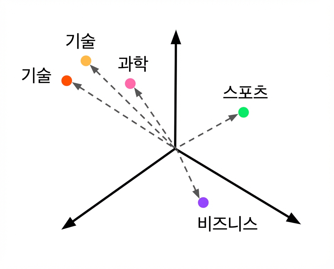 벡터 공간의 임베딩된 클래스 설명과, 미지 벡터가 Tech 라벨로 분류되는 예.