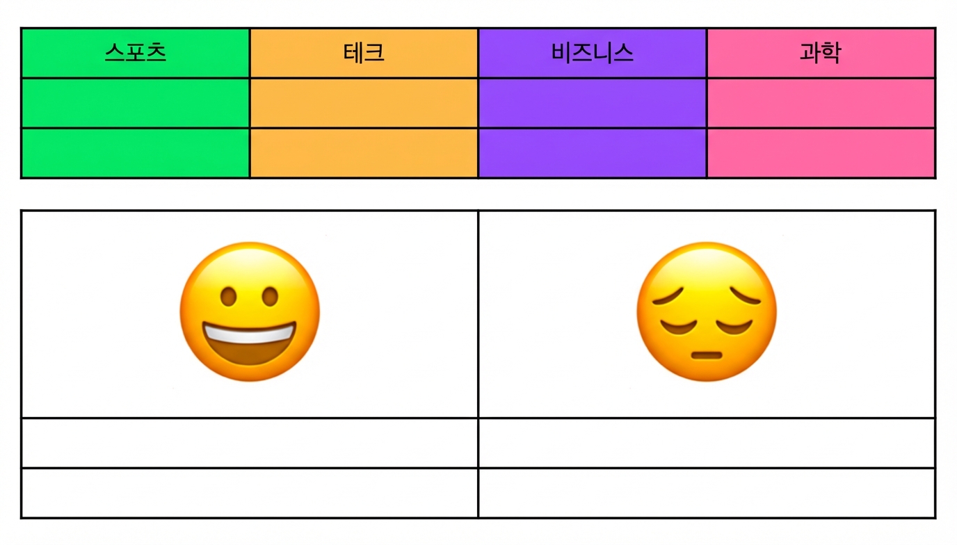 감성에 따라 분류할 수 있는 웃는 얼굴과 슬픈 얼굴이 담긴 테이블.
