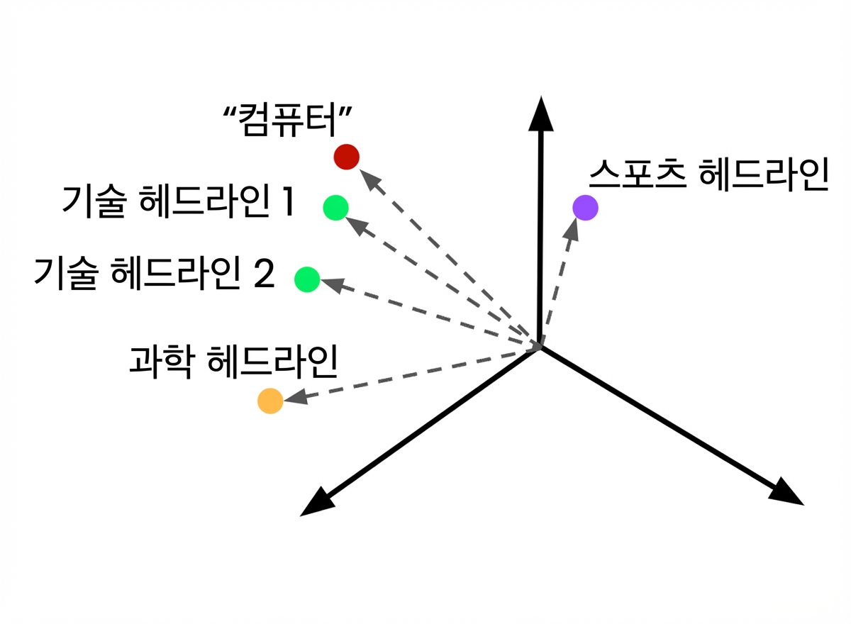 벡터 공간에서 임베딩된 검색 질의와 다양한 주제의 임베딩된 기사들.