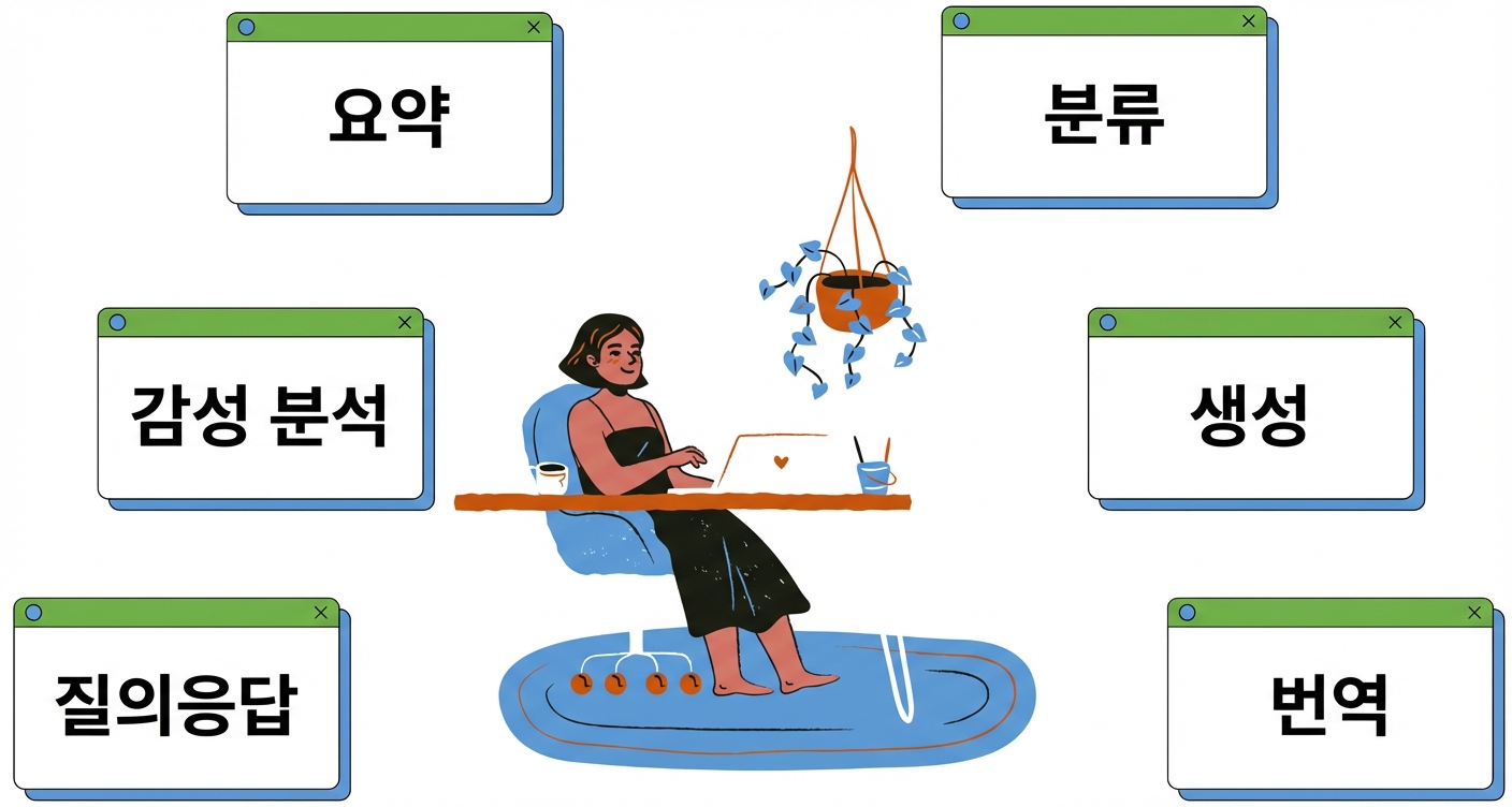 텍스트 생성 및 번역 작업을 나타내는 그림이 주변에 있는 책상에 앉은 사람