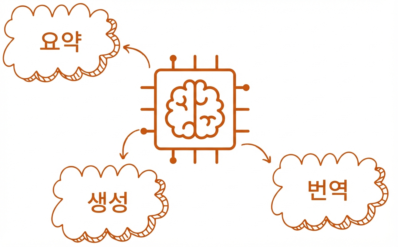 요약·생성·번역을 표시한 대규모 언어 모델의 추상 일러스트