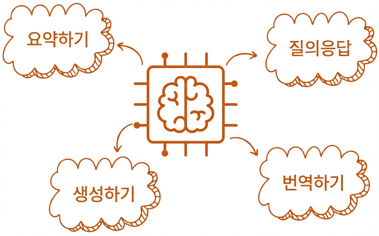요약·생성·번역·Q&A를 표시한 대규모 언어 모델의 추상 일러스트