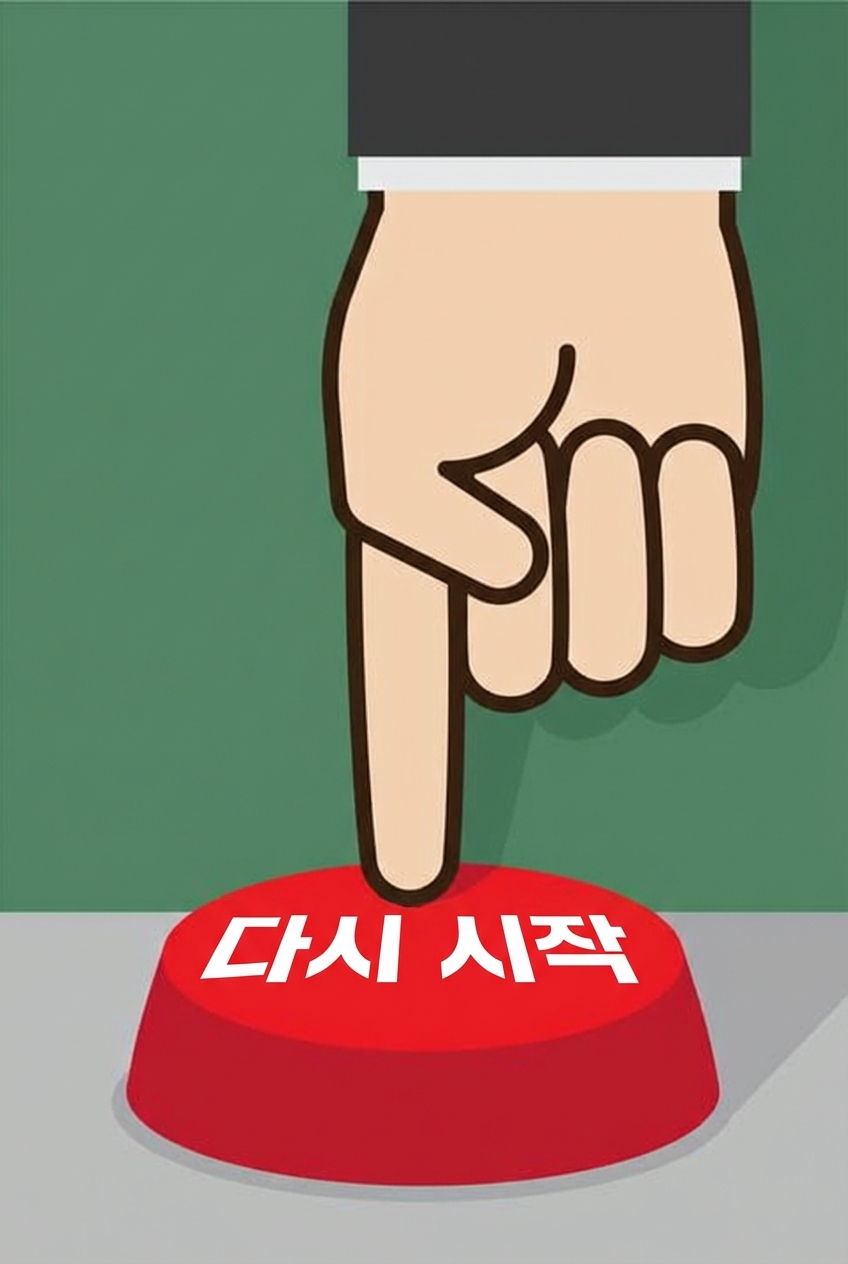 "restart" 버튼을 누르는 손가락을 보여주는 만화 이미지