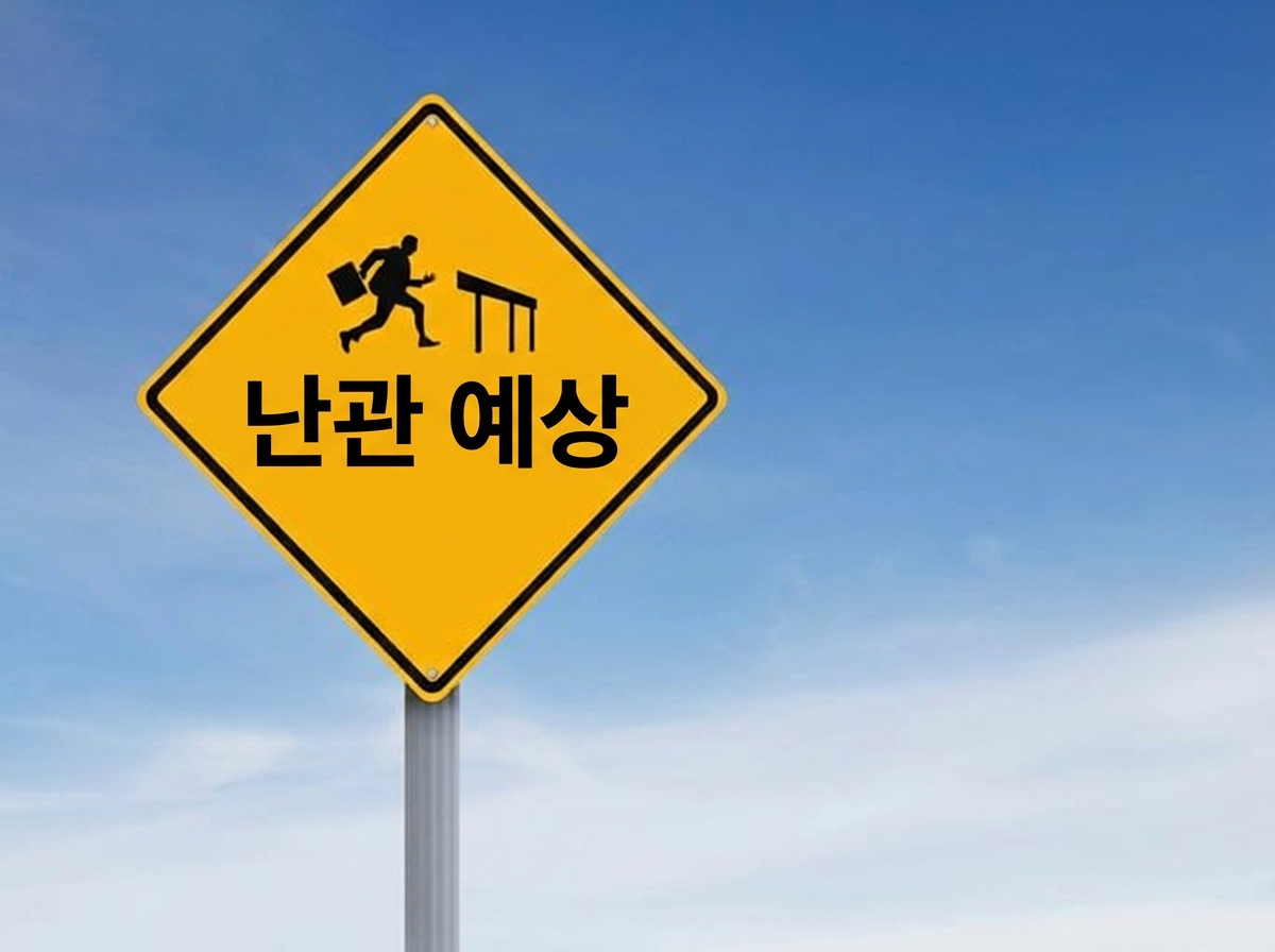 "Challenges Ahead"라는 문구와 허들을 넘는 사람이 그려진 도로 표지판