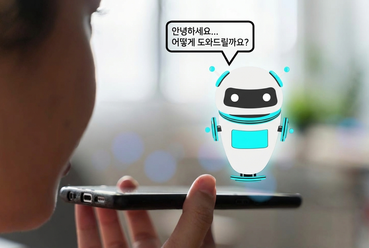 휴대폰에 말하는 사람과, 도움을 제안하는 가상 챗봇 이미지