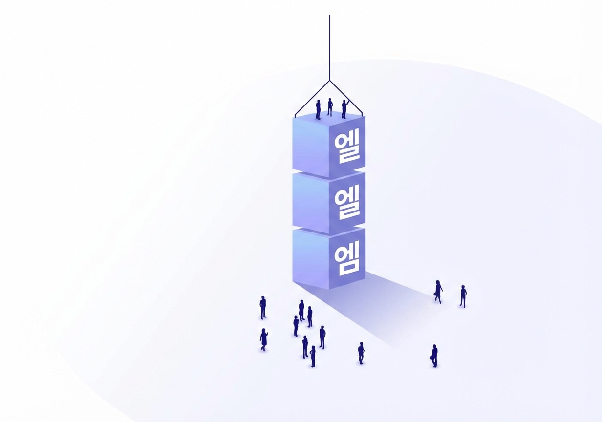 LLM을 철자로 쌓는 블록을 사람들이 지켜보는 만화 이미지