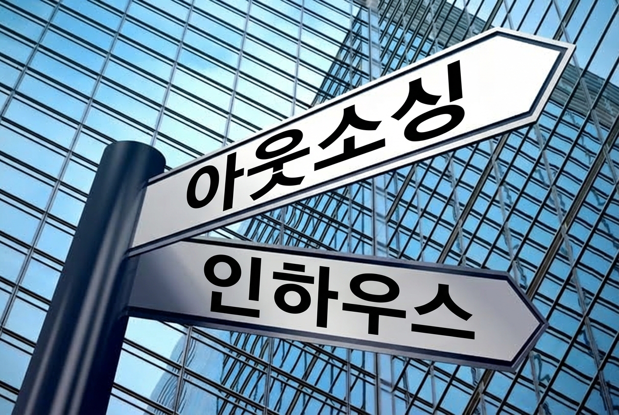 외주 또는 인하우스 두 방향을 가리키는 이정표