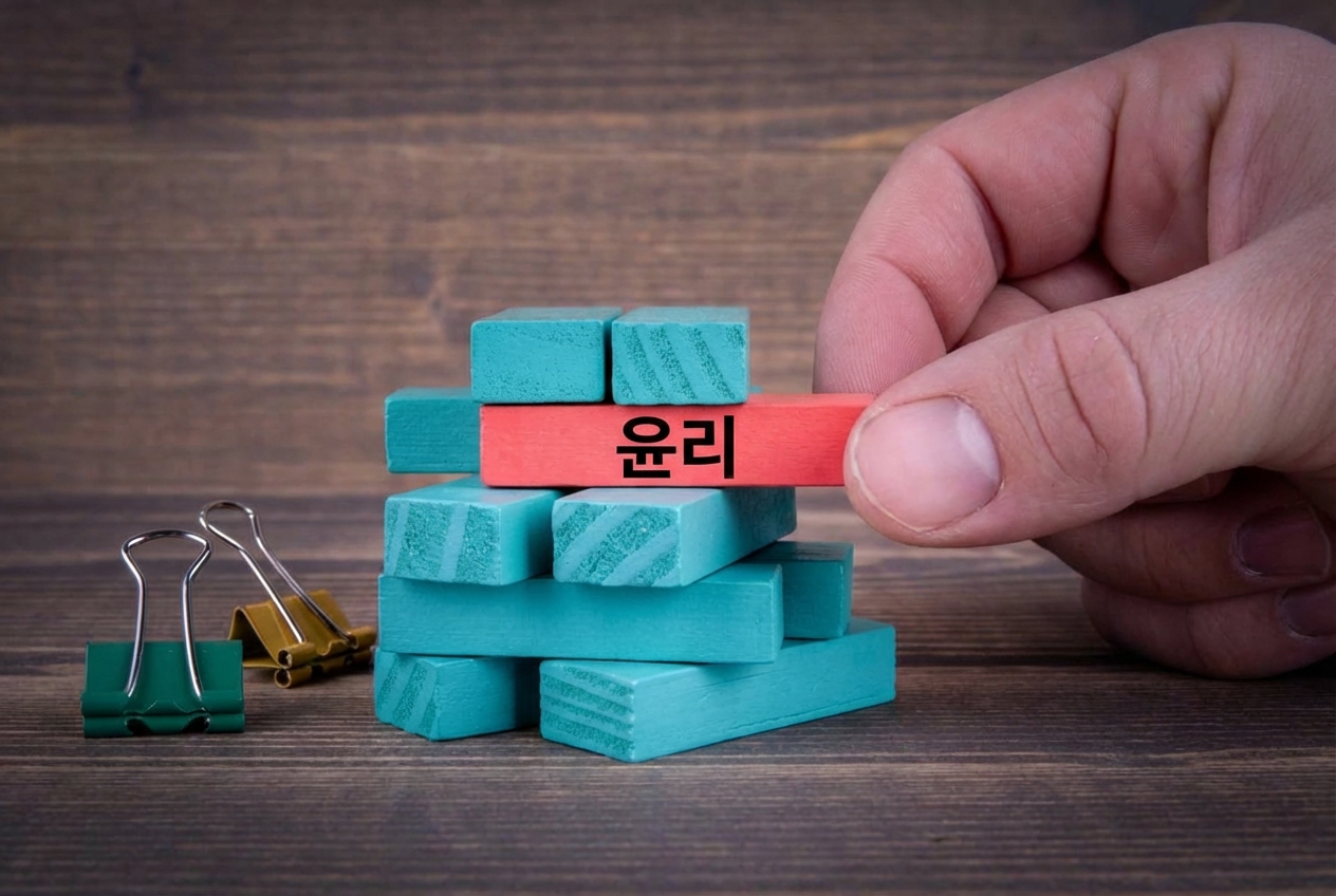 파란 젠가 블록 중 하나는 빨간색이며 "ethics"라고 표시됨