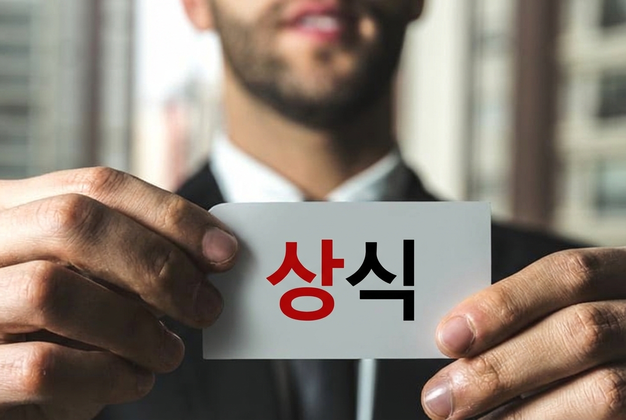 "상식"이라고 적힌 라벨을 들고 있는 남성