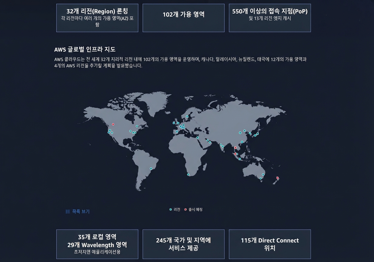 전 세계에 분포한 노드로 AWS의 지리적 다양성을 보여주는 지구본 이미지