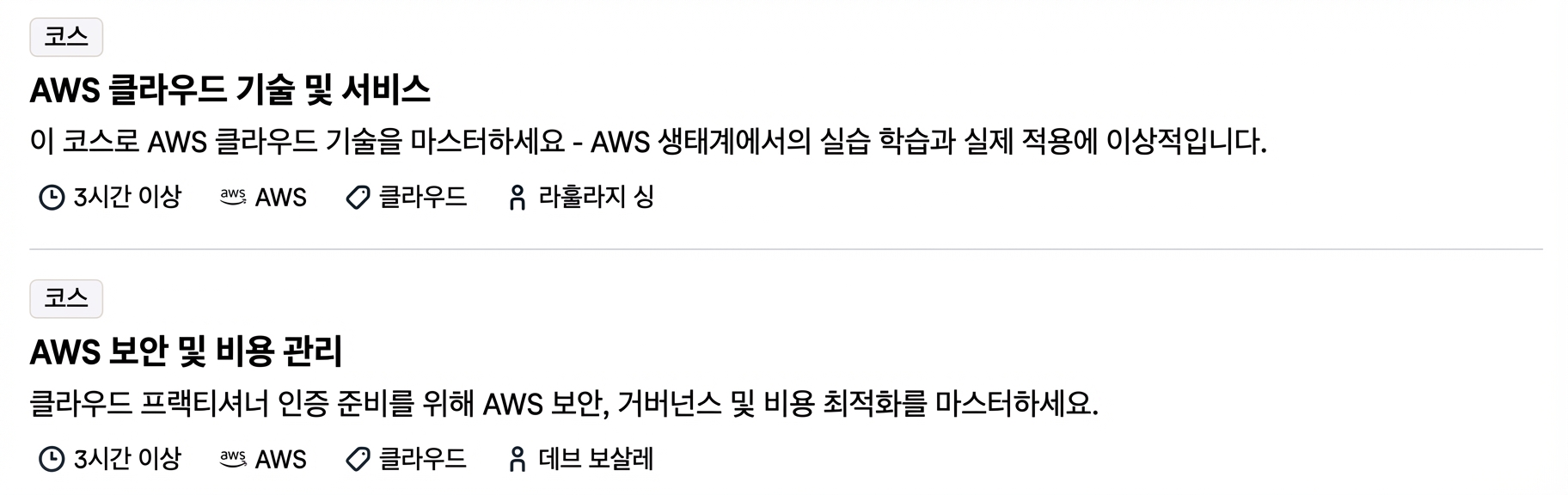 DataCamp의 다른 AWS 과정: AWS 클라우드 기술 및 서비스, AWS 보안 및 비용 관리