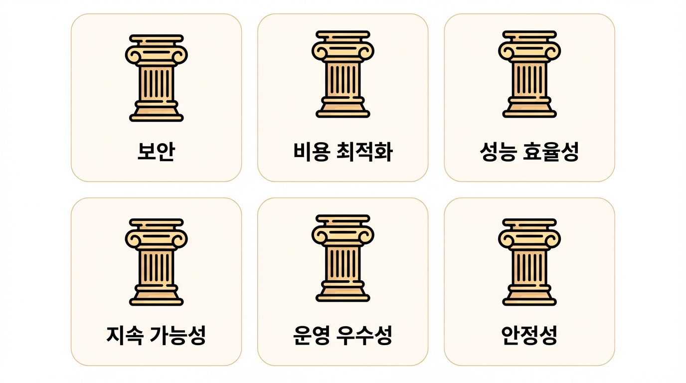 프레임워크의 6가지 기반 요소: 보안, 비용 최적화, 성능 효율성, 지속 가능성, 운영 우수성, 안정성
