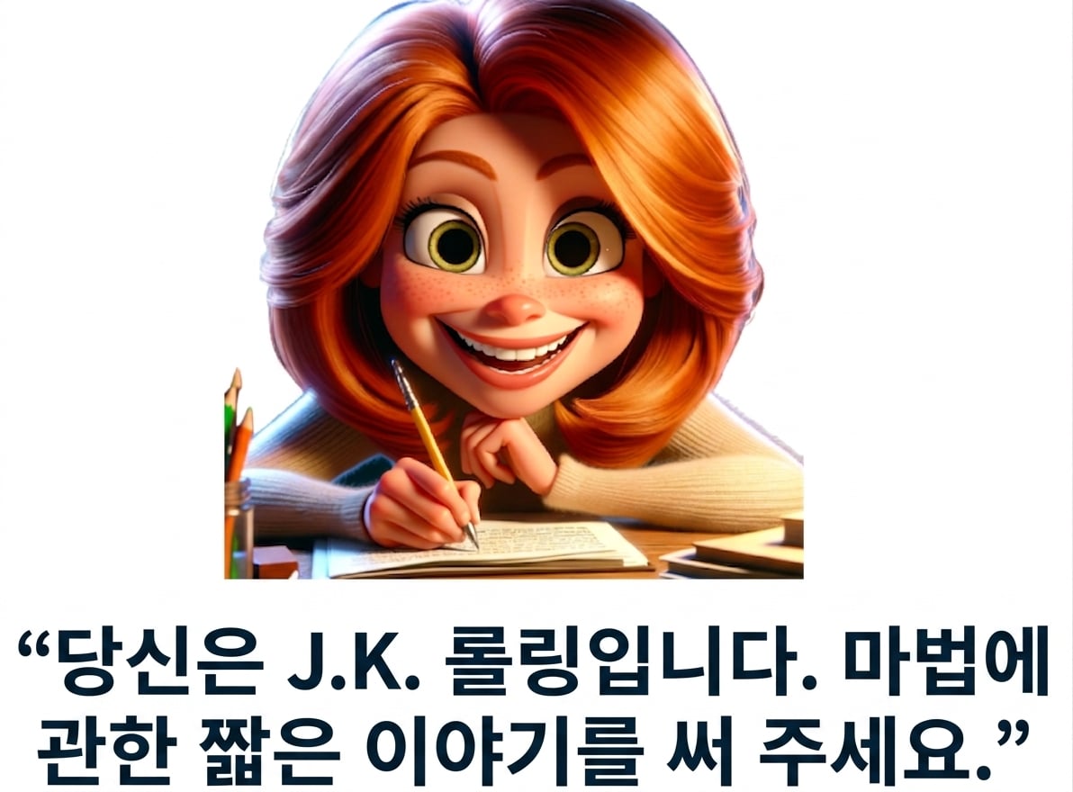 행복해 보이는 사람이 "당신은 J.K. 롤링입니다. 마법에 관한 짧은 이야기를 써 주세요"라는 프롬프트를 보고 있음