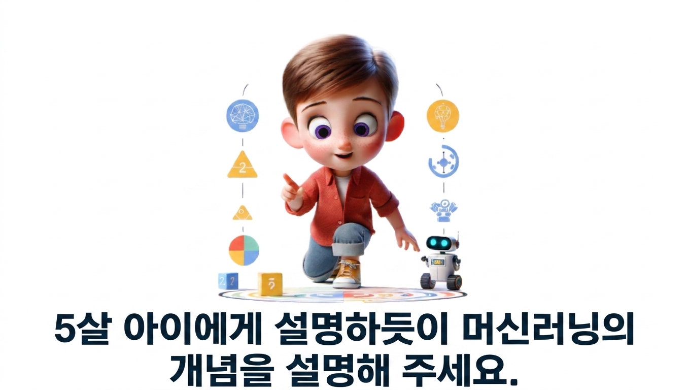 "머신 러닝의 개념을 5살 어린이한테 설명하는 것처럼 얘기해줘." 프롬프트와 5살짜리 아이 일러스트레이션