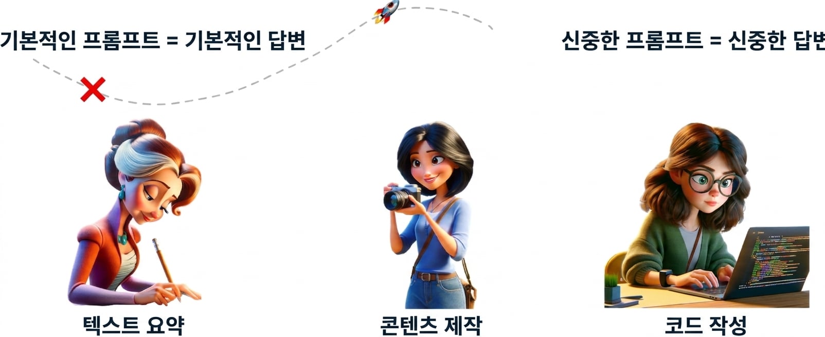 글을 쓰는 사람, 사진을 찍는 사람, 코드를 작성하는 세 사람의 만화 일러스트레이션