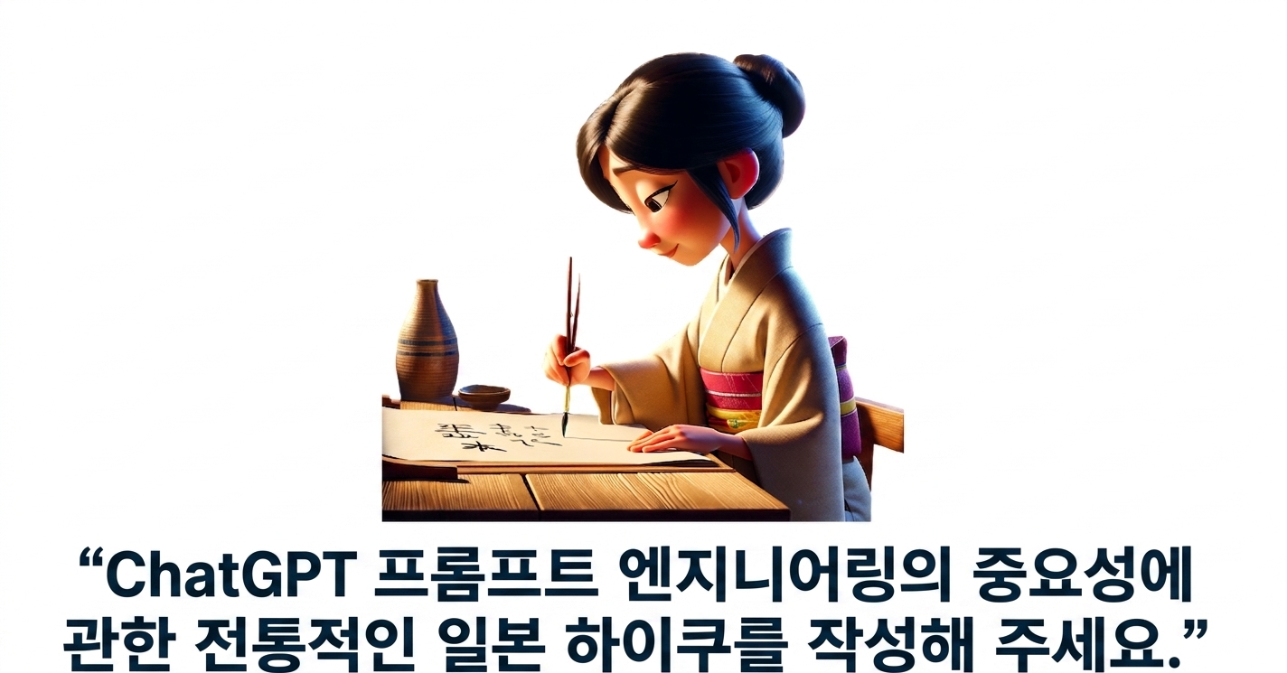 "ChatGPT를 사용하는 프롬프트 엔지니어링의 중요성에 대한 전통 일본 하이쿠를 써줘." 프롬프트와 하이쿠를 쓰고 있는 한 사람