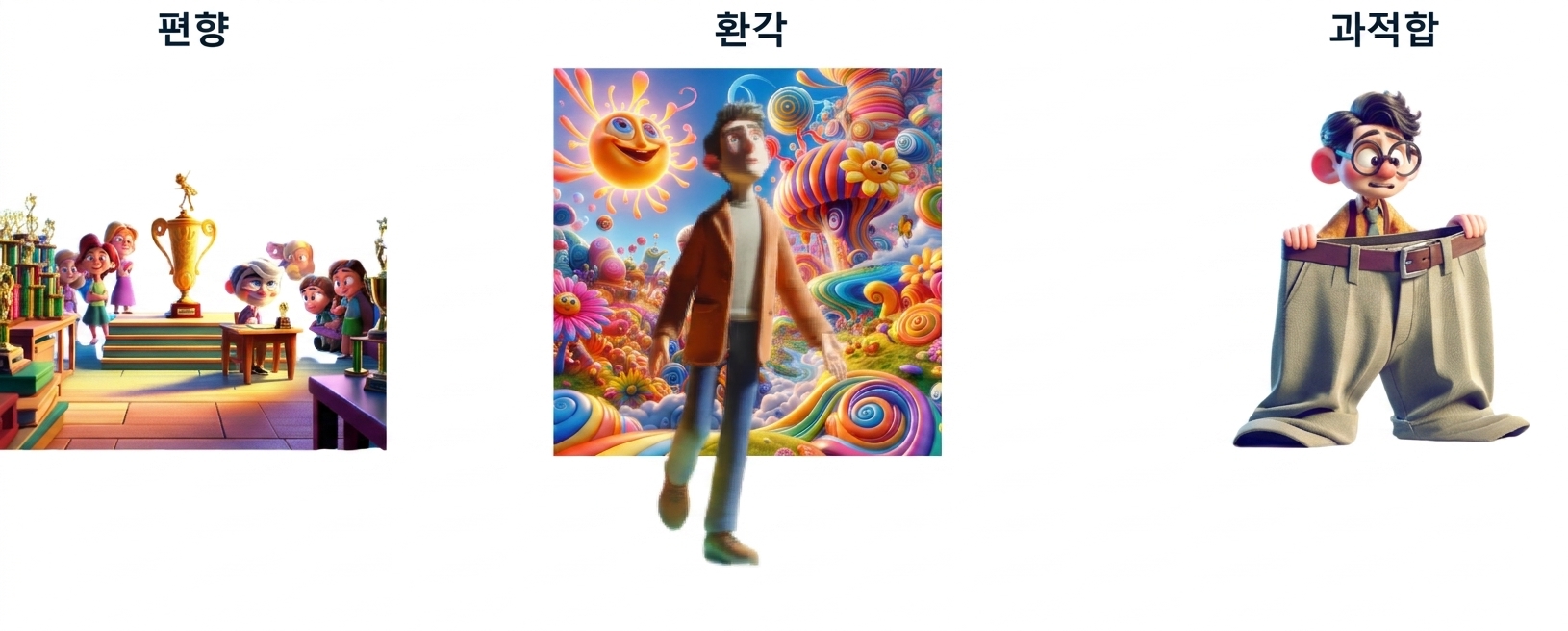 상을 받고 책상에 앉아 있는 아이, 환각, 우스울 정도로 큰 바지를 입고 있는 한 젊은 사람의 만화 일러스트레이션