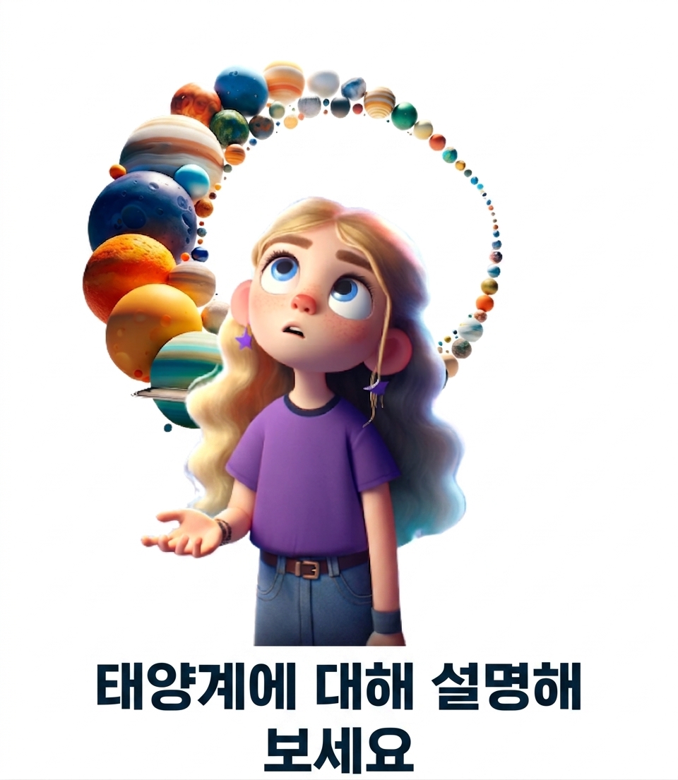"태양계에 대해 설명해줘"라는 프롬프트와 젊은 사람