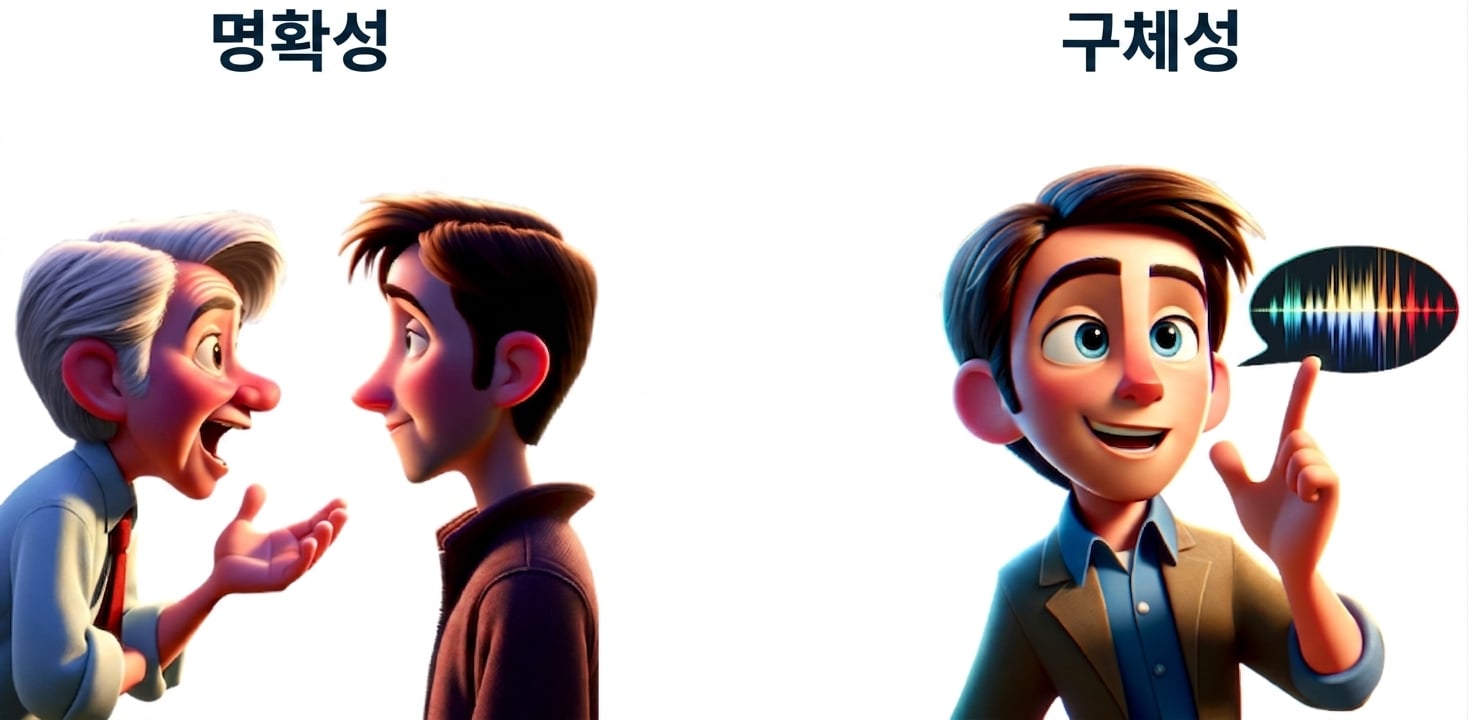 한쪽에는 명확성을 나타내기 위해 두 사람이 서로 대화하는 모습이 있고 다른 한쪽에는 구체성을 나타내기 위해 한 사람과 말풍선이 있음