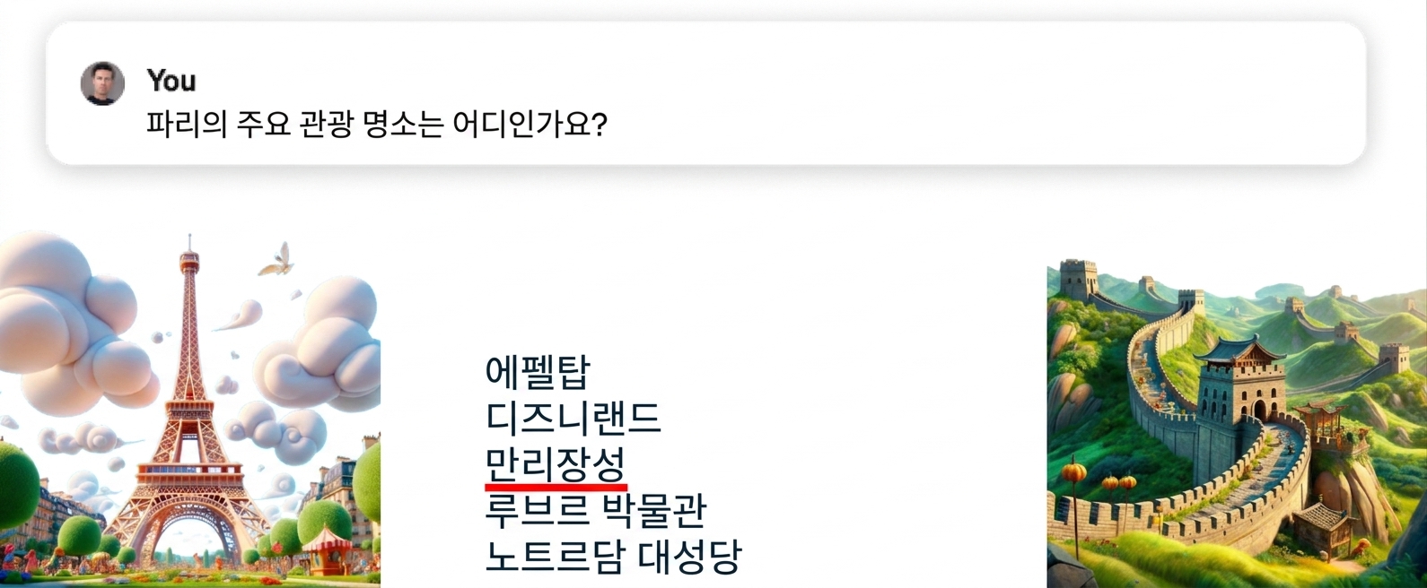 파리에서 가장 인기 있는 관광 명소는 뭐야 질문과 강조 표시된 잘못된 답변