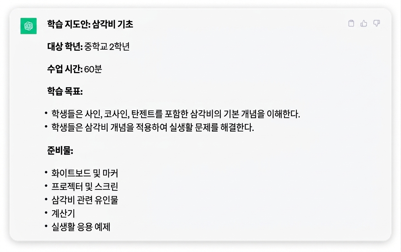 ChatGPT에서 생성한 세부적인 수업 계획 스크린샷