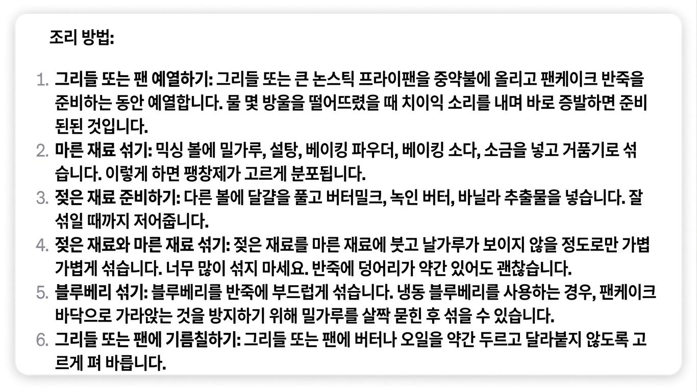 완벽한 블루베리 팬케이크를 만드는 단계를 나열한 ChatGPT의 응답