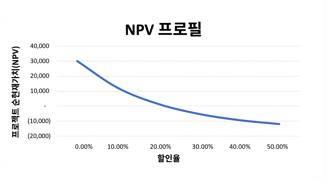 y축은 순현가, x축은 할인율인 선 그래프. 관계는 지수적으로 음(-)의 방향.
