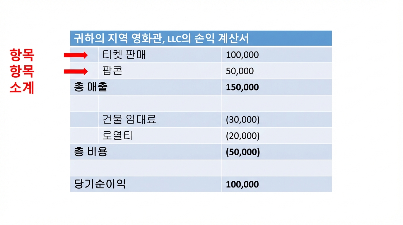 매출 항목과 소계가 강조된 손익계산서
